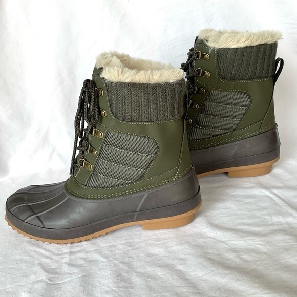 Khombu Faux Fur Duck Boots Booties Kathleen Waterproof Olive Green Sz 11 New - Picture 5 of 9